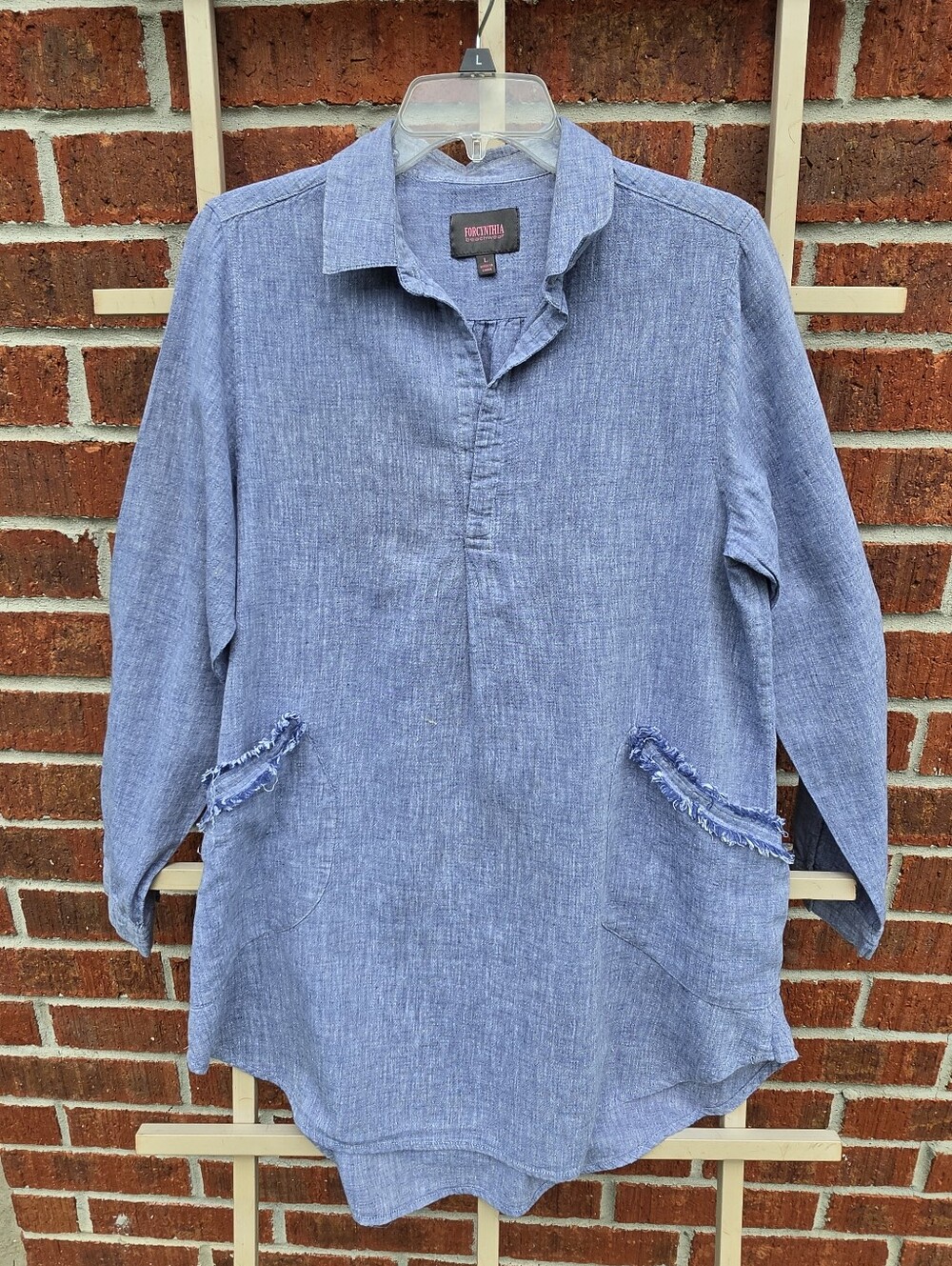 For Cynthia Blue Linen Cotton Tunic Shirt - Large
